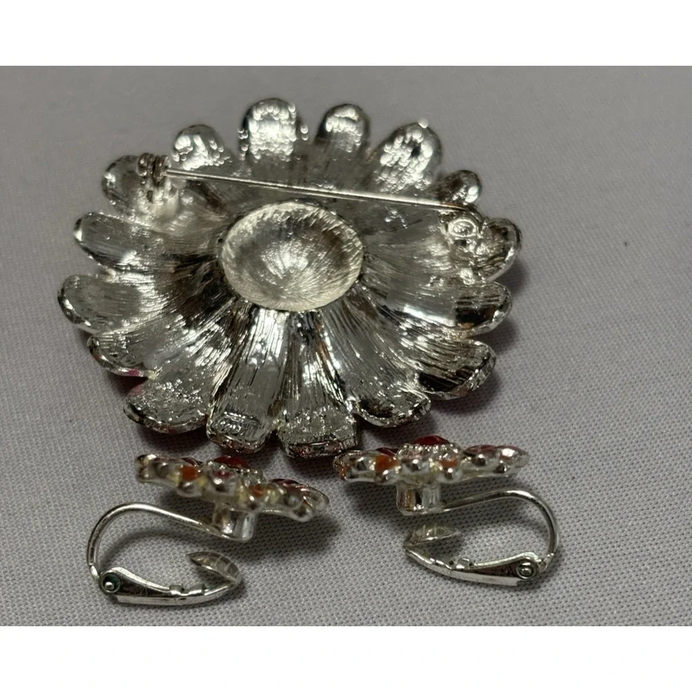 Vintage Orange Pink Rhinestone Flower Pin‎ Clip On Earring Set Colorful Spring